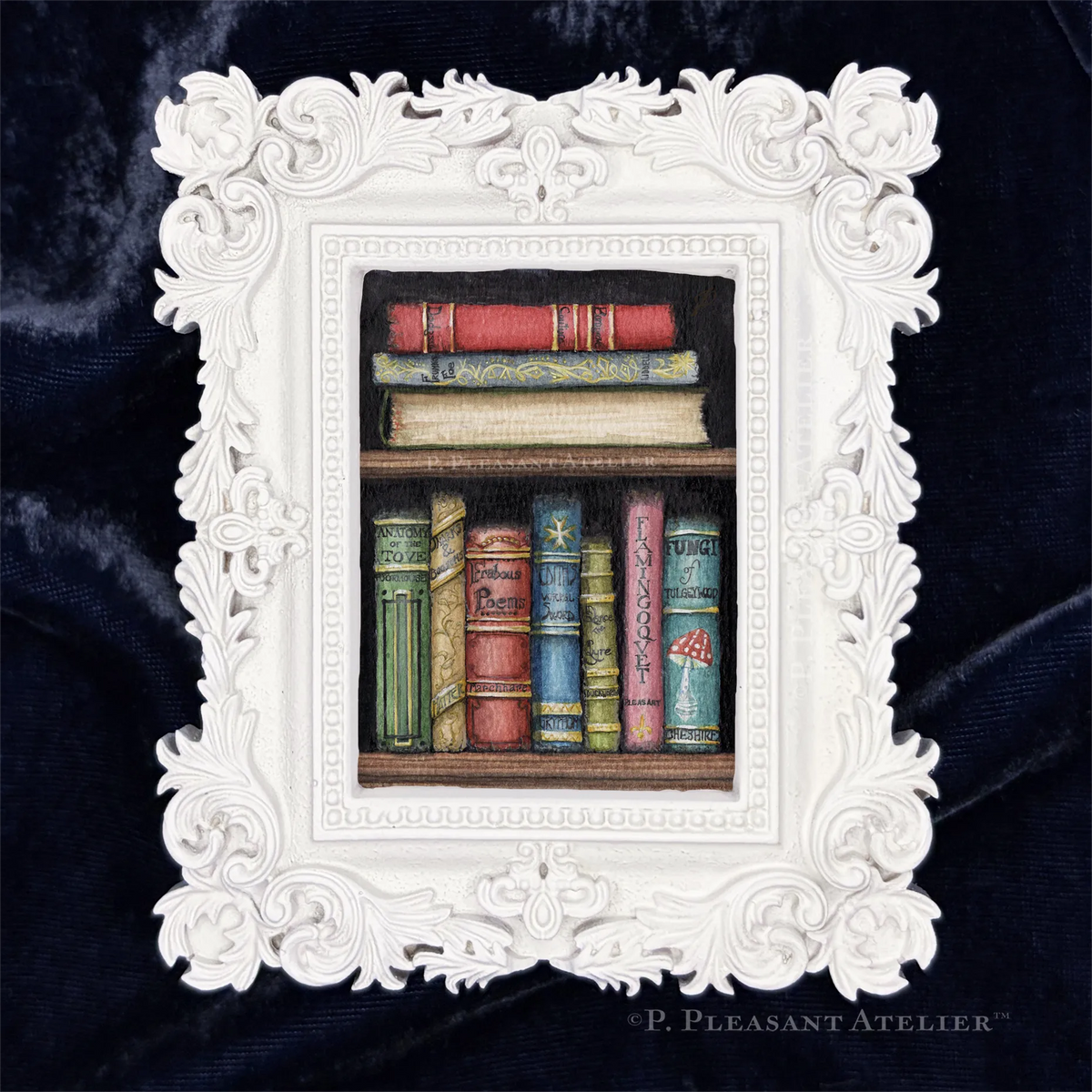 Callow, Callay Bookshelf by P. Pleasant Atelier framed Art Fairy Magic bookshelf wall art in antique gold wood frame