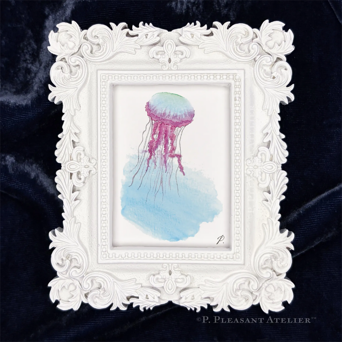 Jellyfish, Framed Masterpiece by P. Pleasant Atelier, Fairy Art in antique gold and white rectangle frame