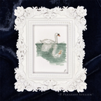 Art fairy magic framed swan illustration with white ornate border on a dark fabric background
