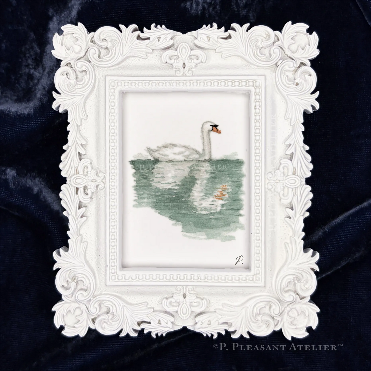 Art fairy magic framed swan illustration with white ornate border on a dark fabric background