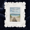 Art fairy magic theme framed landscape painting with ornate white baroque border on a dark fabric background