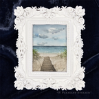 Art fairy magic theme framed landscape painting with ornate white baroque border on a dark fabric background