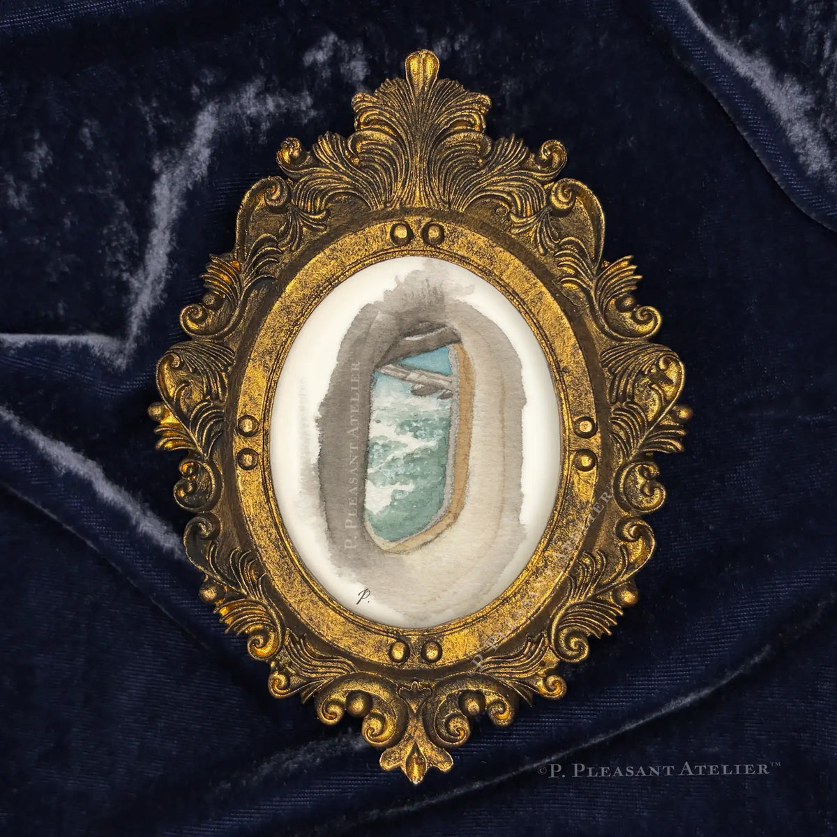 Plane Window framed oval portrait artwork by P. Pleasant Atelier with gold Fairy Magic details