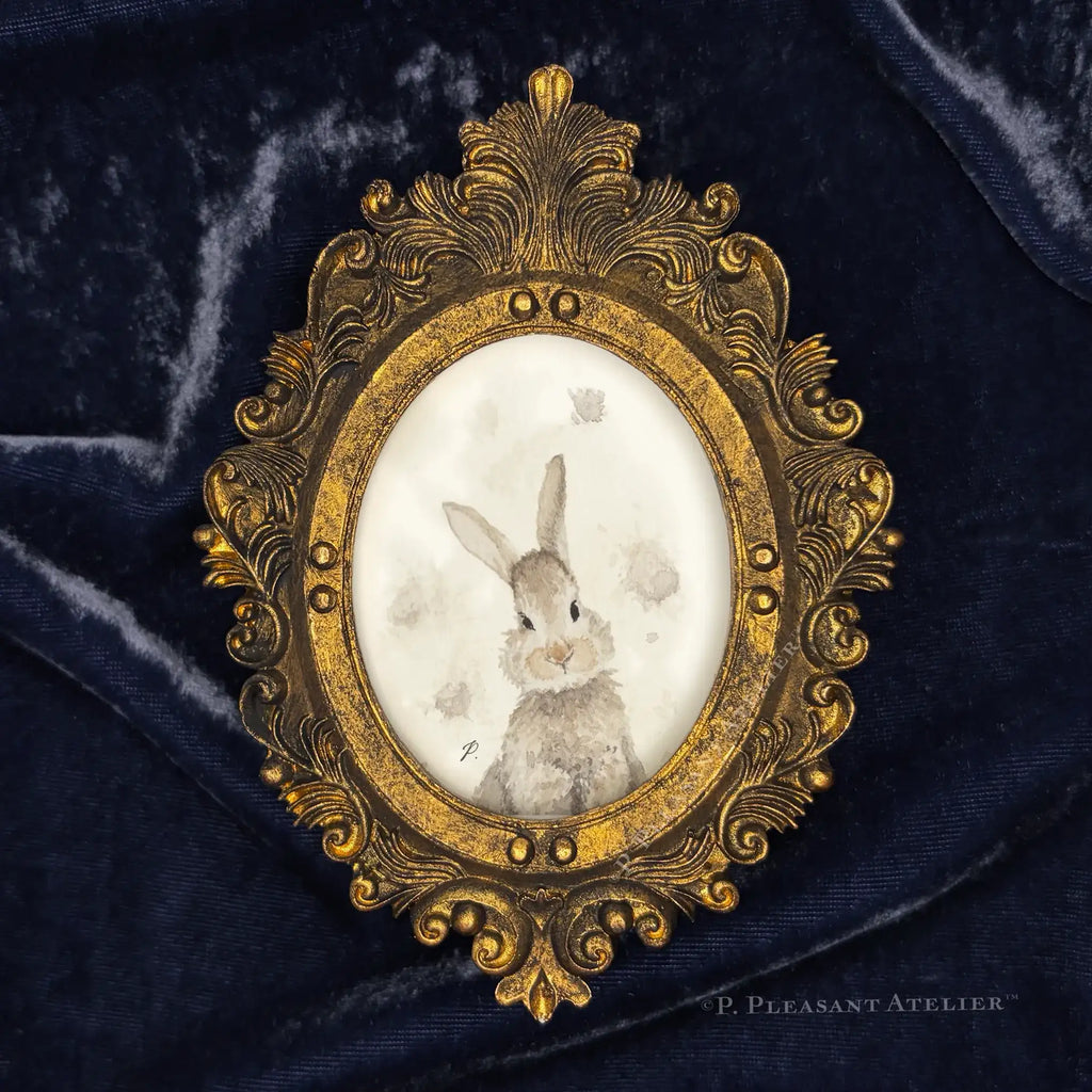 Dust Bunny framed masterpiece by P. Pleasant Atelier with gold ornate oval frame, Art Fairy Magic