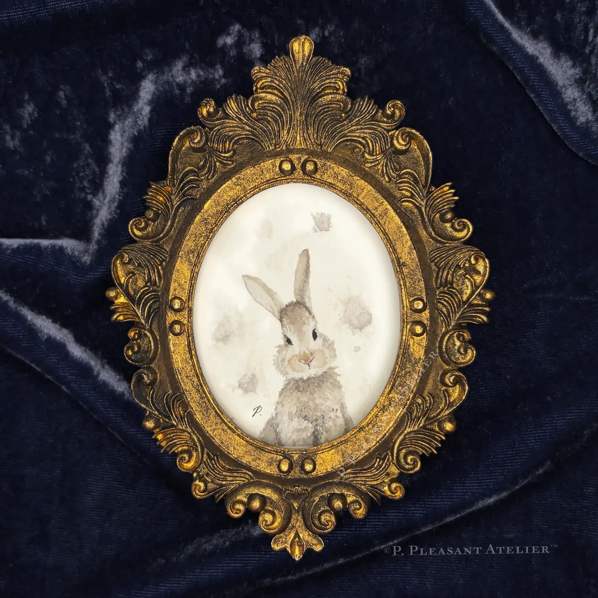 Dust Bunny framed masterpiece by P. Pleasant Atelier with gold ornate oval frame, Art Fairy Magic