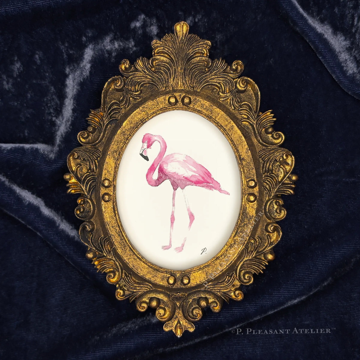 Flamingo, Framed Masterpiece by P. Pleasant Atelier, oval portrait artwork with gold frame and Fairy Magic Art