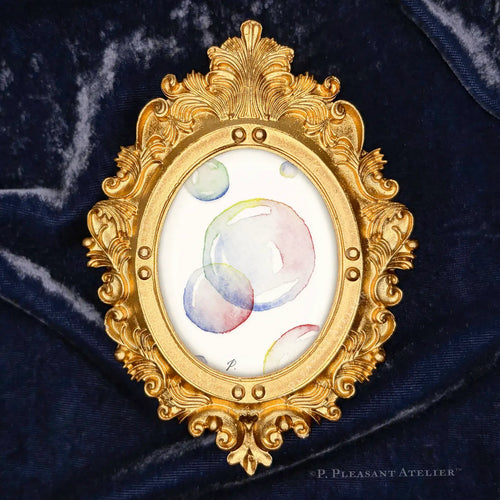 Rainbow Bubbles framed wall art by P. Pleasant Atelier with gold antique oval frame and Art Fairy Magic