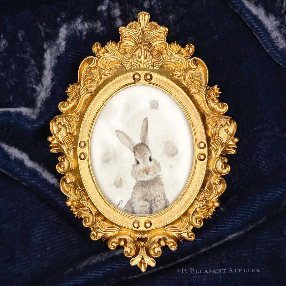 Dust Bunny framed masterpiece by P. Pleasant Atelier with gold oval frame, Art Fairy Magic accents