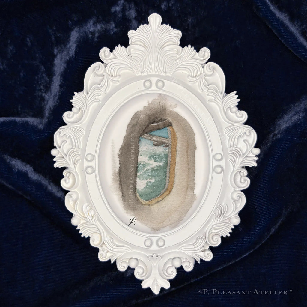 Plane Window framed oval portrait art by P. Pleasant Atelier with white antique decorative finish, Art Fairy Magic
