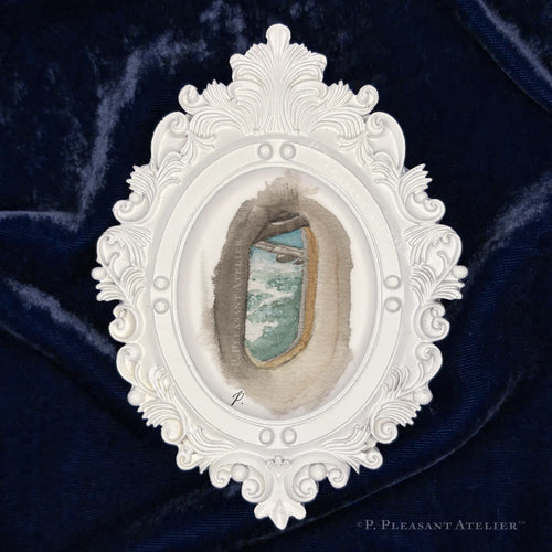 Plane Window framed oval portrait art by P. Pleasant Atelier with white antique decorative finish, Art Fairy Magic