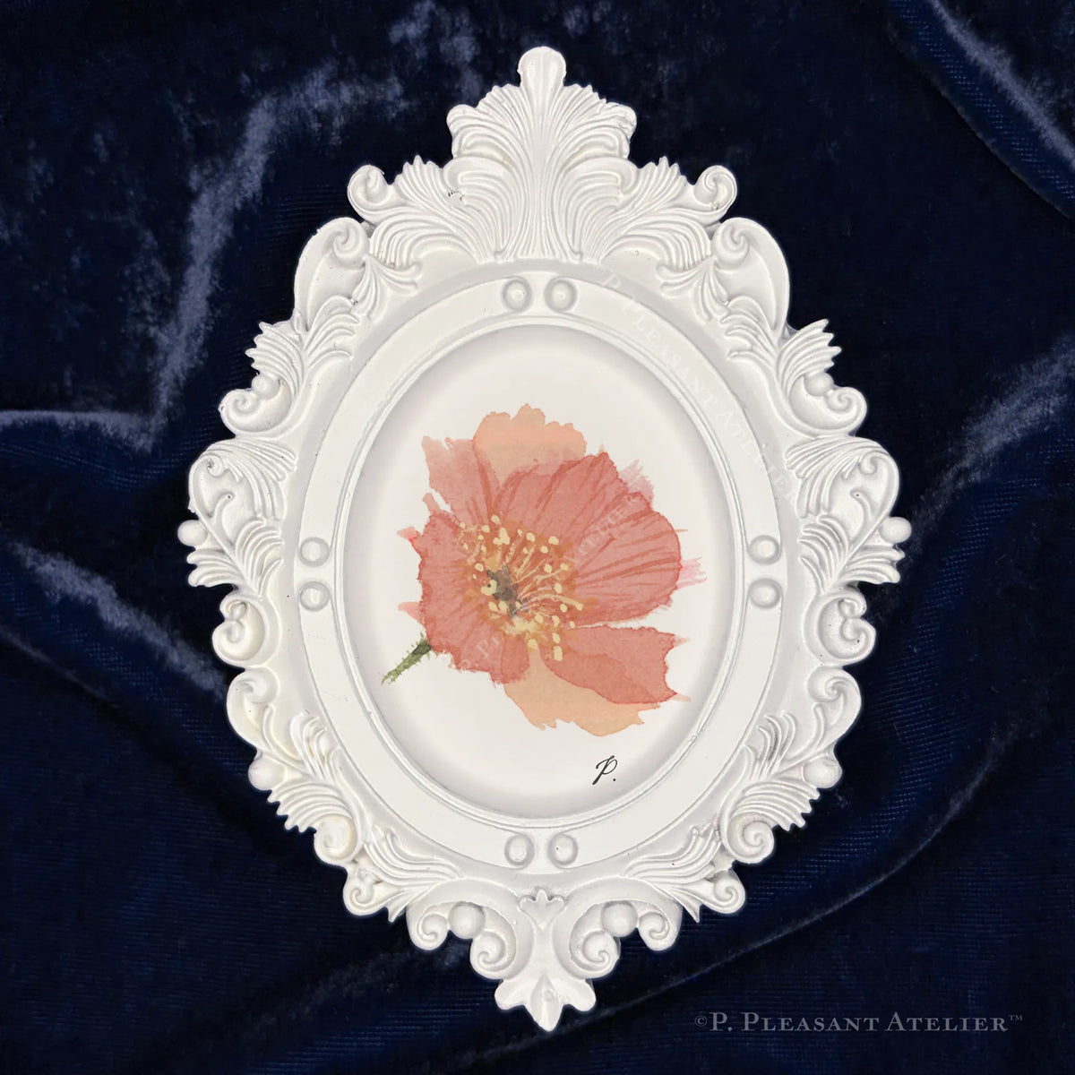 Phoebe Poppy framed wall art portrait by P. Pleasant Atelier with Fairy Magic floral in a white oval frame