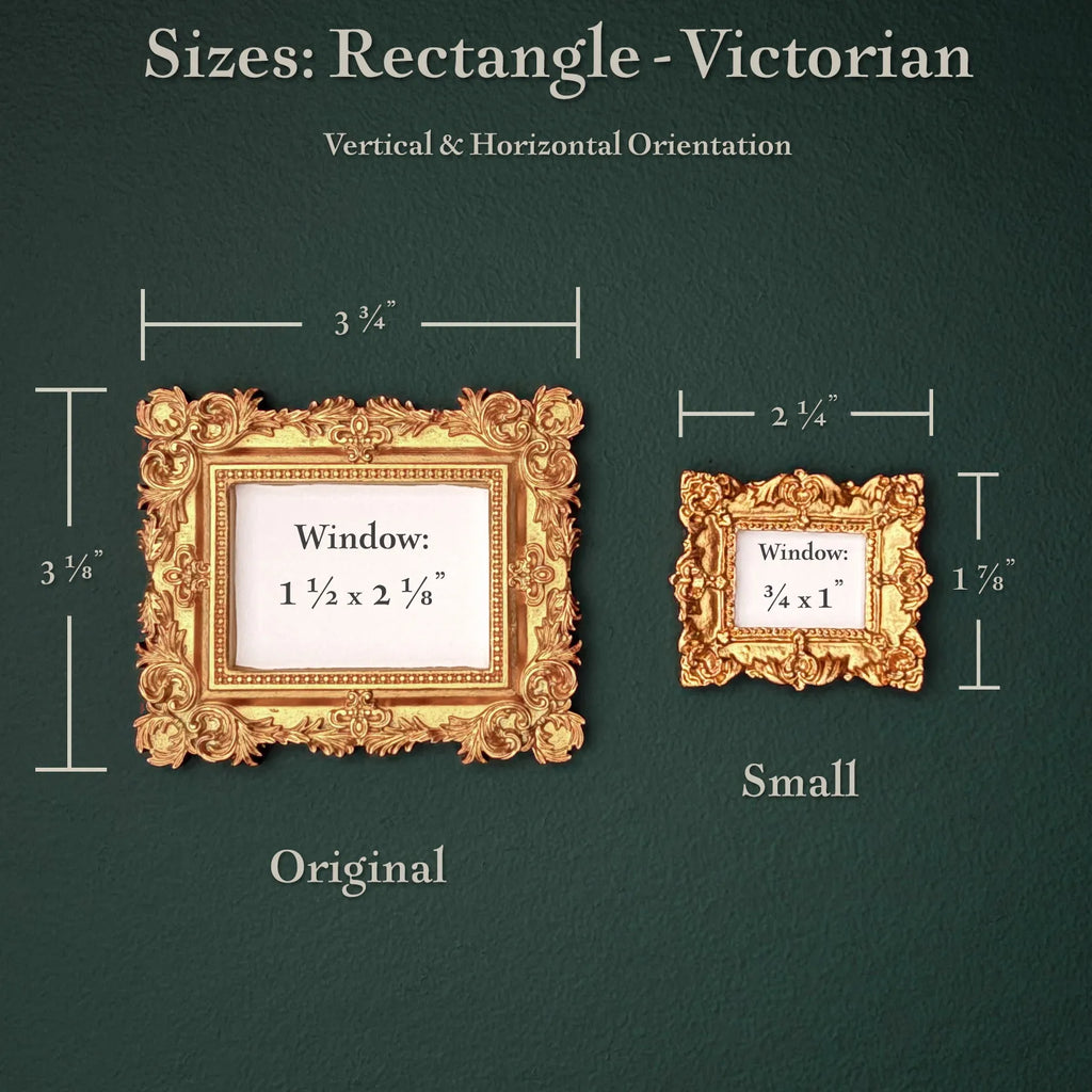 A size comparison graphic for ornate picture frames, showing an 'Original' large gold frame labeled 3 3/4 by 3 3/8 inches and a 'Small' gold frame labeled 2 1/4 by 1 7/8 inches, with text indicating vertical and horizontal orientation on a dark green textured background.