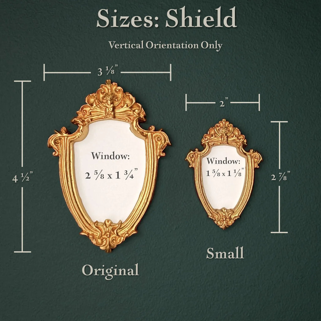 Size diagram for decorative shield-shaped wall frames on a dark green textured background. The image shows two ornate gold frames labeled Original and Small, with dimensions for width and height and window measurements printed inside each frame.