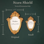 Size diagram for decorative shield-shaped wall frames on a dark green textured background. The image shows two ornate gold frames labeled Original and Small, with dimensions for width and height and window measurements printed inside each frame.