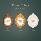 A product color comparison graphic showing three oval portrait frames on a dark green textured background. The frames are labeled Antique (brown), Gold, and White, with the text 'Frame Colors' and 'Oval - Portrait' at the top.