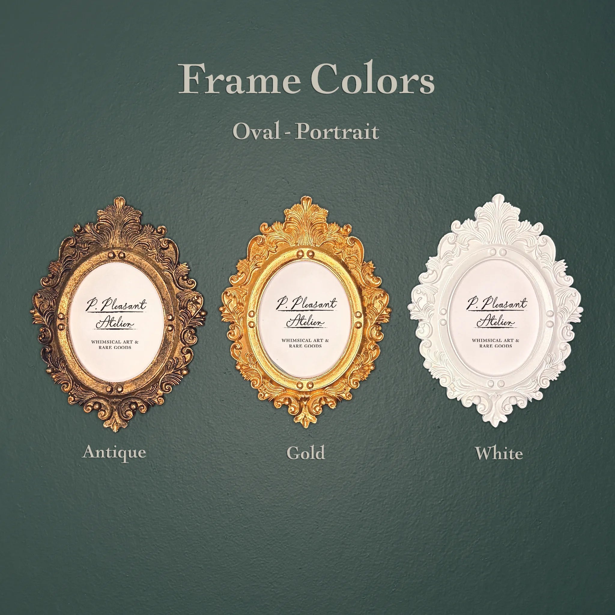 A product color comparison graphic showing three oval portrait frames on a dark green textured background. The frames are labeled Antique (brown), Gold, and White, with the text 'Frame Colors' and 'Oval - Portrait' at the top.