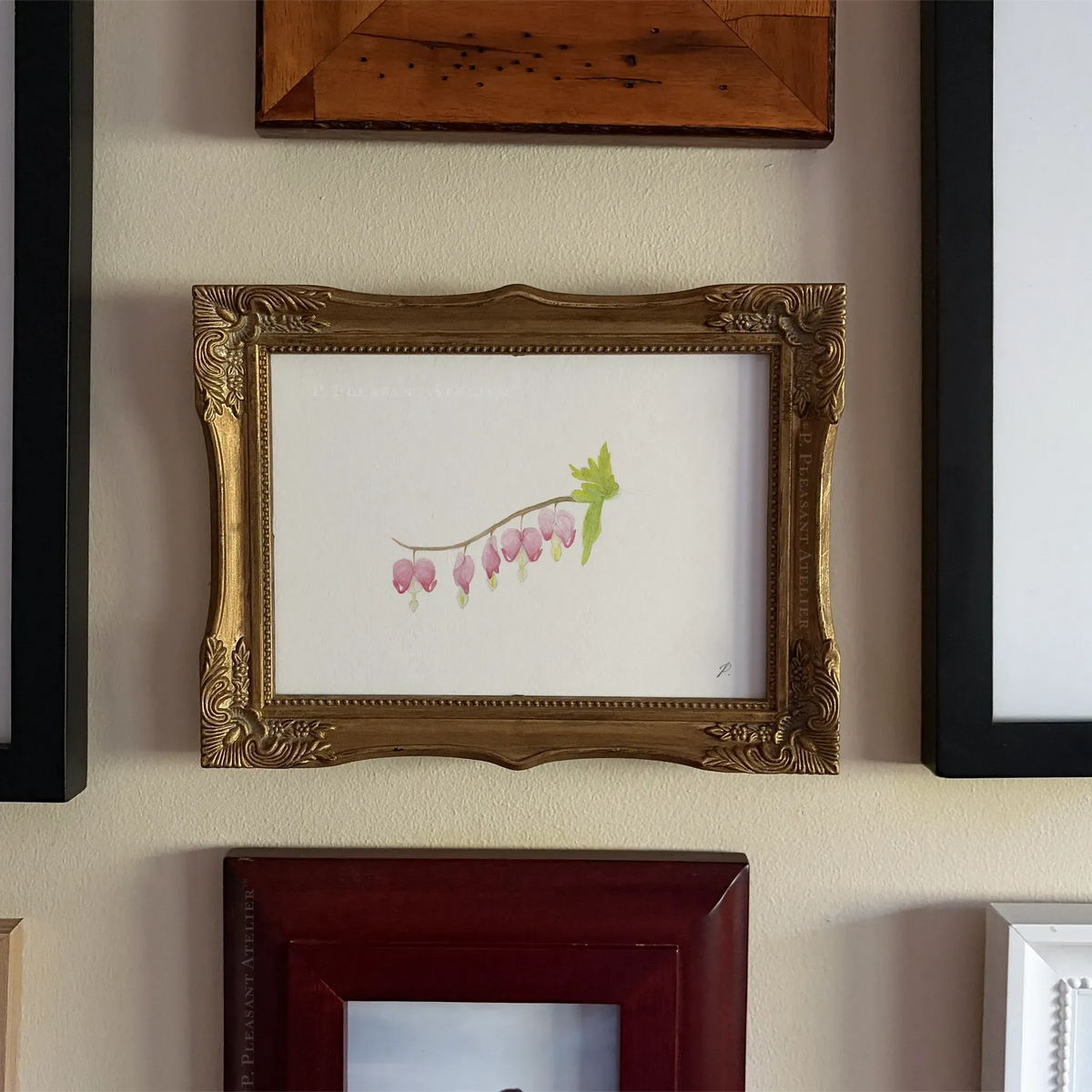 Bleeding Hearts by P. Pleasant Atelier fine art print on paper with Art Fairy Magic accents in a gold frame