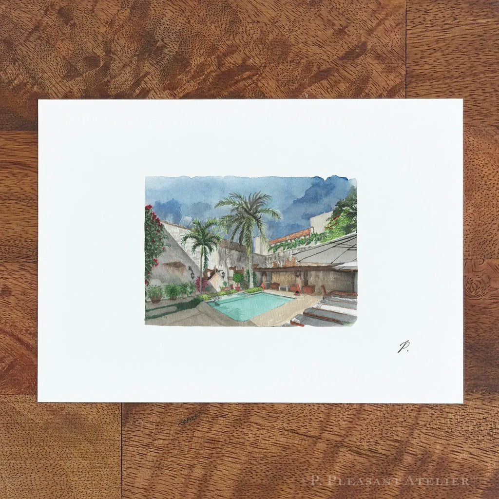 Hotel Courtyard Oaxaca by P. Pleasant Atelier fine art print with Fairy Magic Art courtyard stucco scene