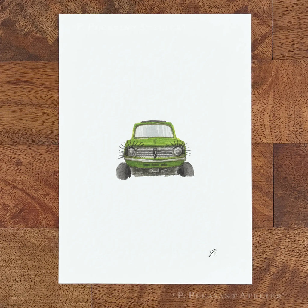 Happiest Car Brooklyn P. Pleasant Atelier fine art print with Fairy Magic Art, green vintage car illustration