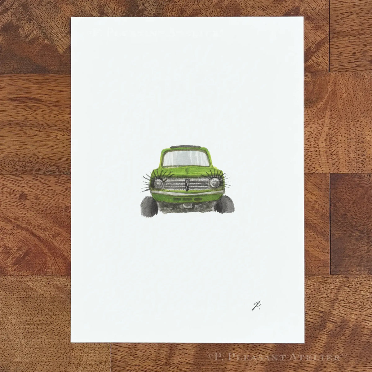 Happiest Car Brooklyn P. Pleasant Atelier fine art print with Fairy Magic Art, green vintage car illustration