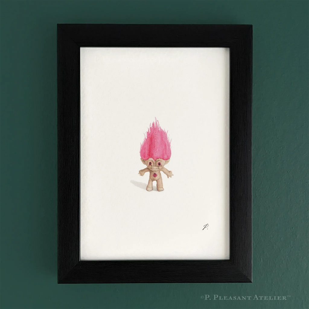 Jennifer 90s Icon P. Pleasant Atelier fine art print with Fairy Magic Art, framed in black on green wall