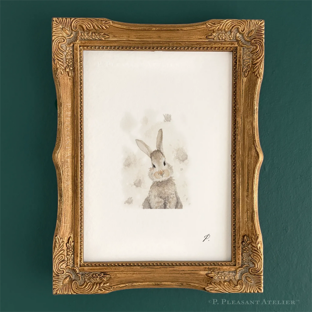Dust Bunny 5 x 7 inch fine art print by P. Pleasant Atelier with gold Fairy Magic accents