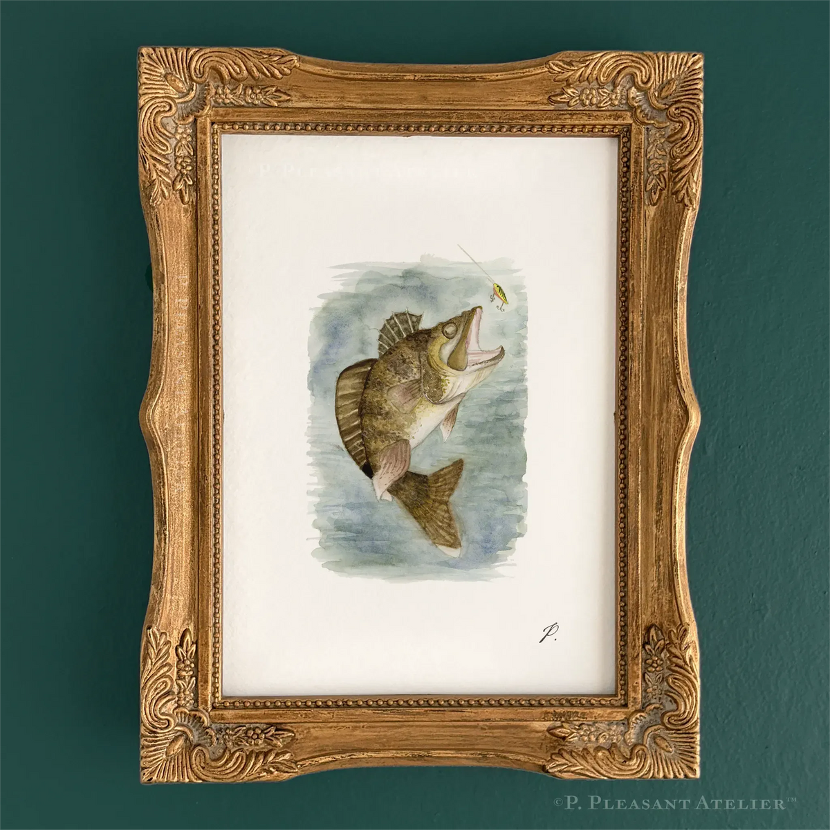 Walleye 5 x 7 inch fine art print by P. Pleasant Atelier, Art Fairy Magic in a gold framed display
