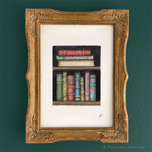 Callow, Callay bookshelf fine art print by P. Pleasant Atelier, gold frame with Art Fairy Magic books