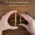 Two hands holding two gold oval frames side-by-side on a wooden surface, with text overlays showing the frame depth dimensions: 1/4 inch for the larger portrait frame and 3/16 inch for the smaller frame.