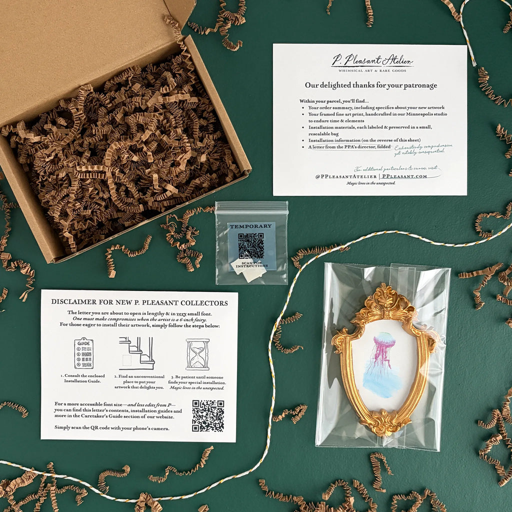 Art and Fairy Magic themed gift box with shredded paper filler, instruction sheet, and framed print in packaging