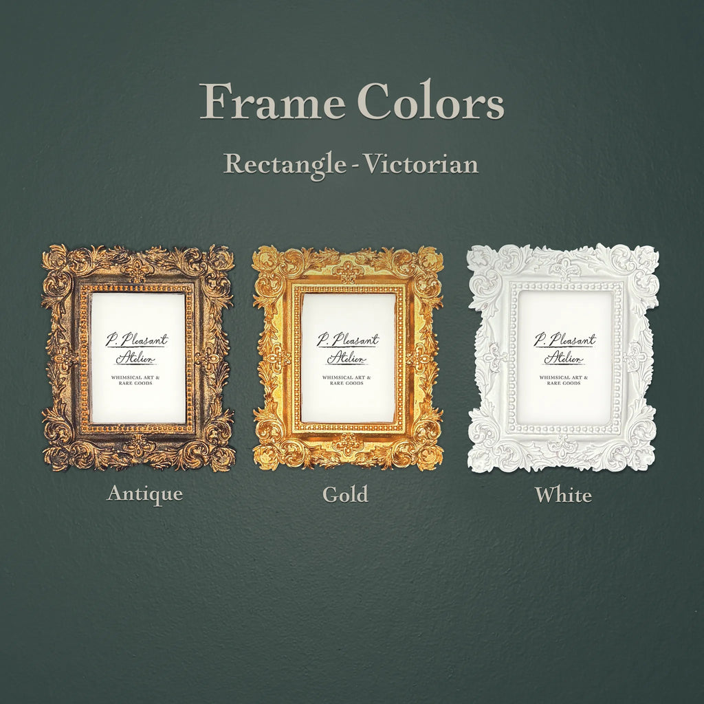 A dark green graphic titled 'Frame Colors' showing three ornate rectangular picture frames labeled 'Antique,' 'Gold,' and 'White' on a textured background.