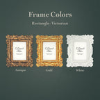A dark green graphic titled 'Frame Colors' showing three ornate rectangular picture frames labeled 'Antique,' 'Gold,' and 'White' on a textured background.