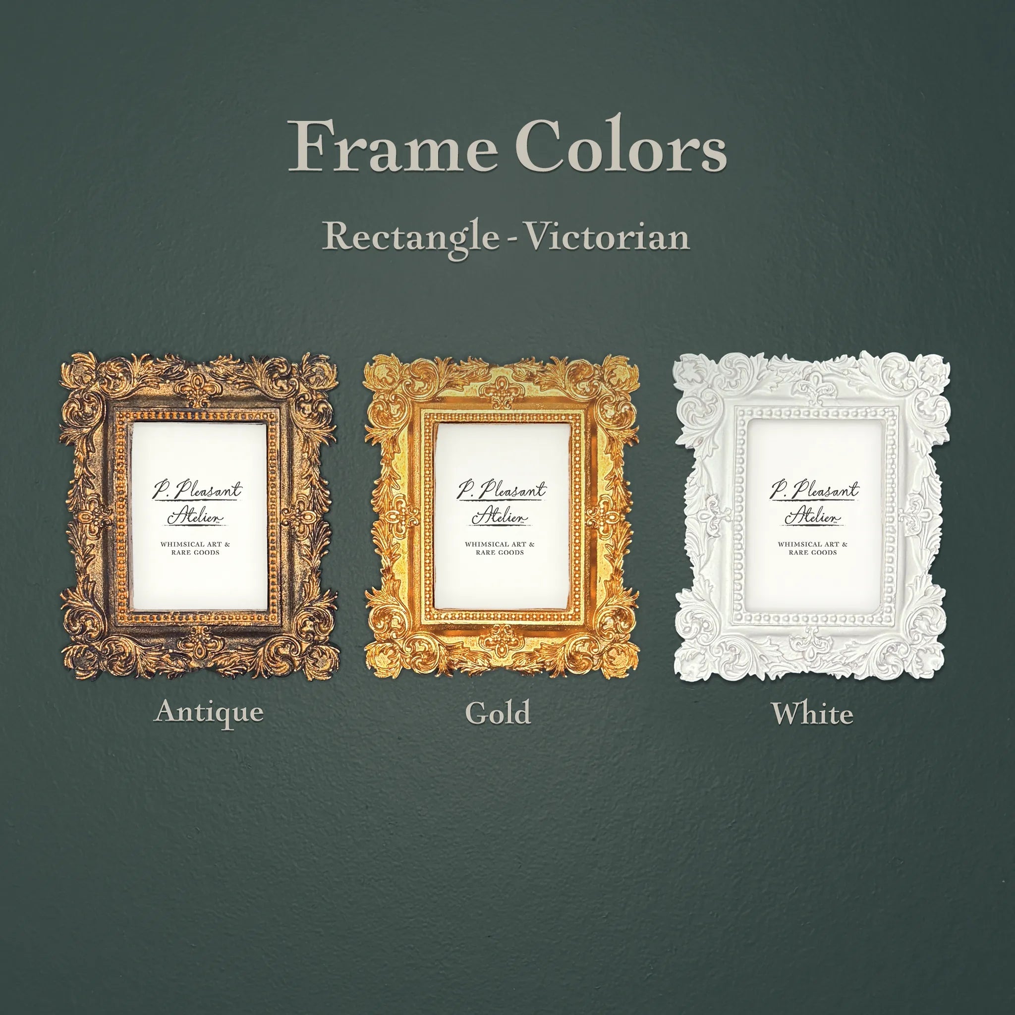 A dark green graphic titled 'Frame Colors' showing three ornate rectangular picture frames labeled 'Antique,' 'Gold,' and 'White' on a textured background.