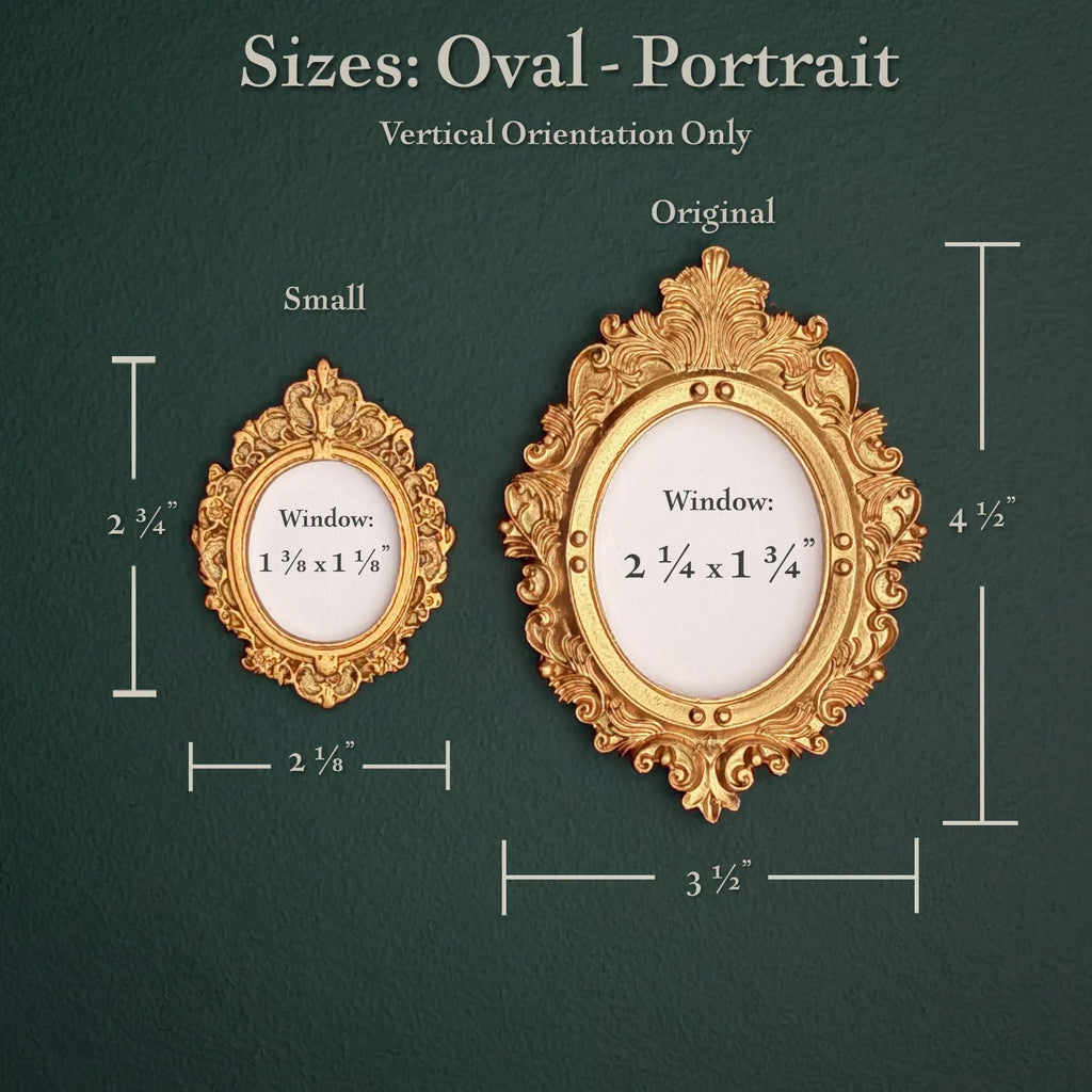 Size chart for oval portrait frames showing two ornate gold frames labeled Small and Original with dimensions and window measurements on a dark green background.