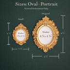 Size chart for oval portrait frames showing two ornate gold frames labeled Small and Original with dimensions and window measurements on a dark green background.