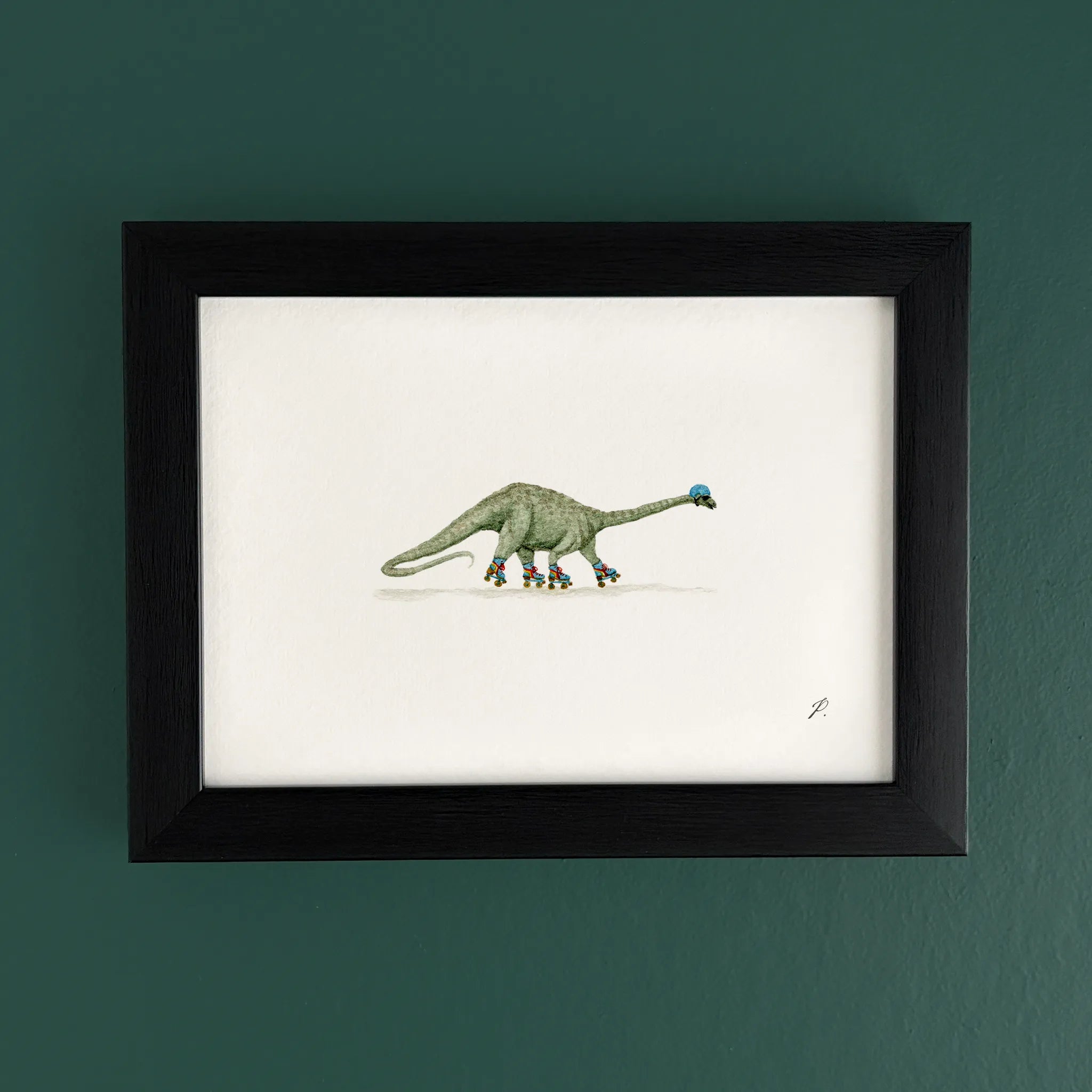 Art fairy magic illustration in a black frame, showing a green figure holding a blue bird above roller skates