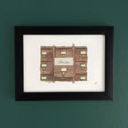 Art fairy magic themed framed wall print showing a brown door with labeled rooms and a central sign
