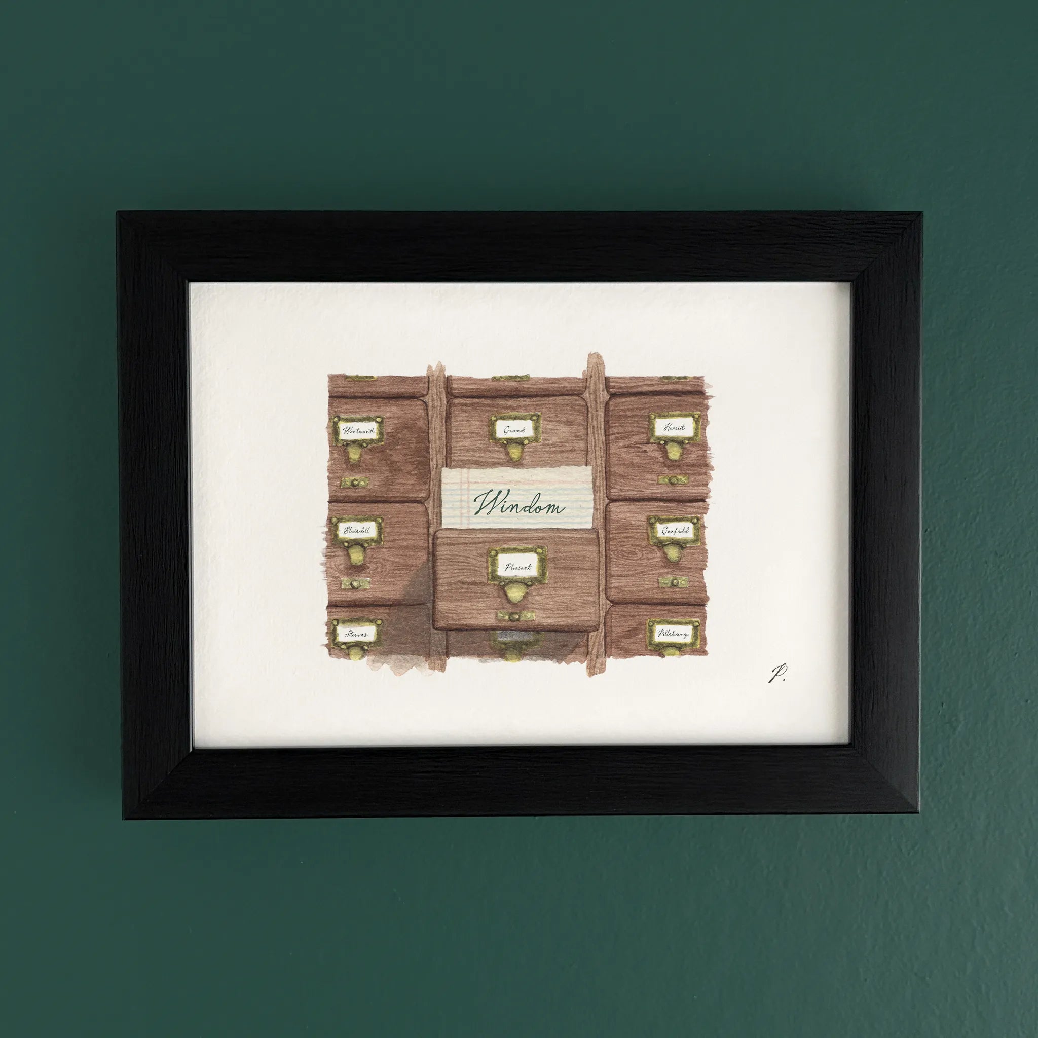 Art fairy magic themed framed wall print showing a brown door with labeled rooms and a central sign