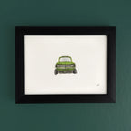 Art fairy magic style illustration in a black frame, with a small green toy car at the bottom