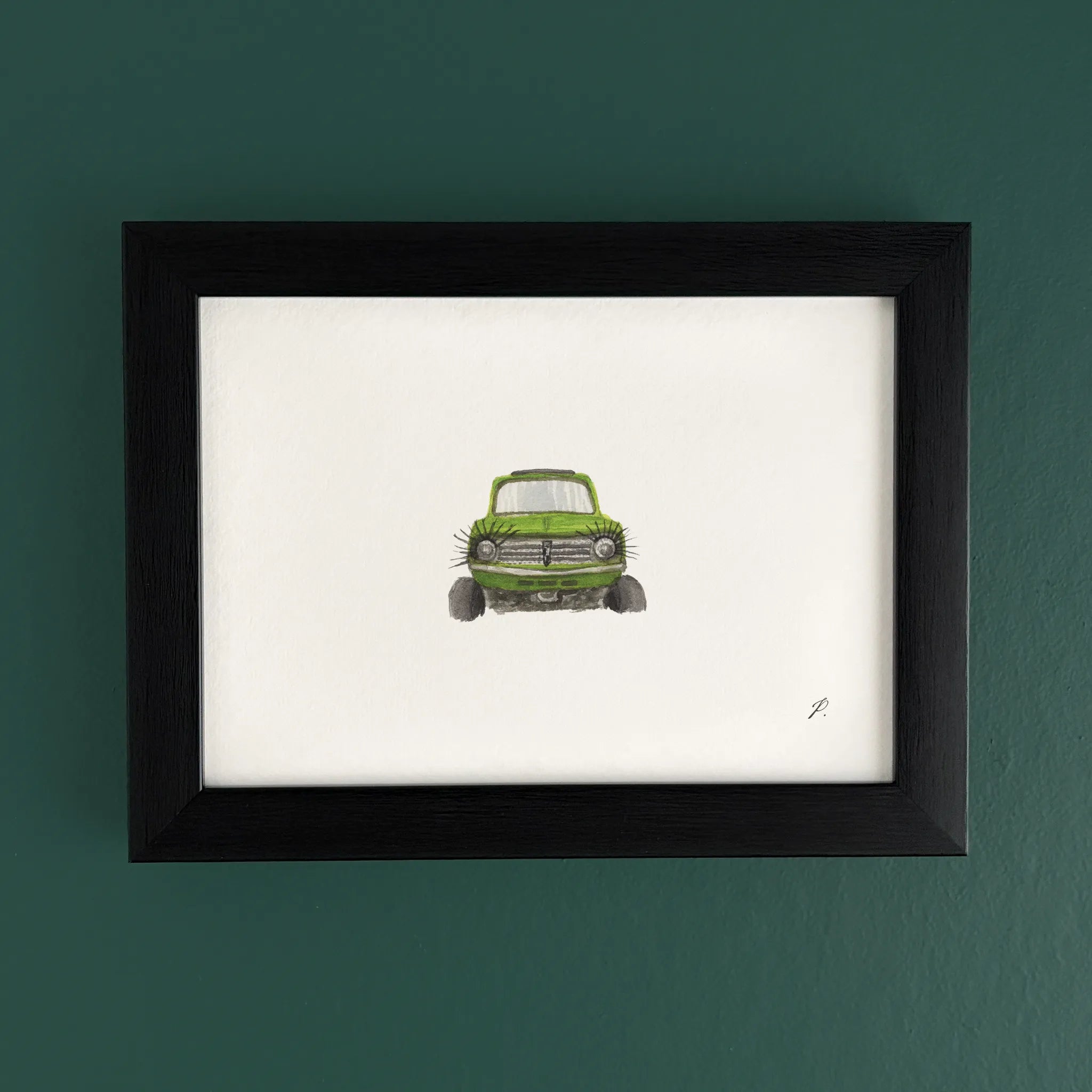 Art fairy magic style illustration in a black frame, with a small green toy car at the bottom