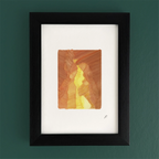 Art fairy magic illustration inside a black frame, with warm orange and yellow figures on white paper