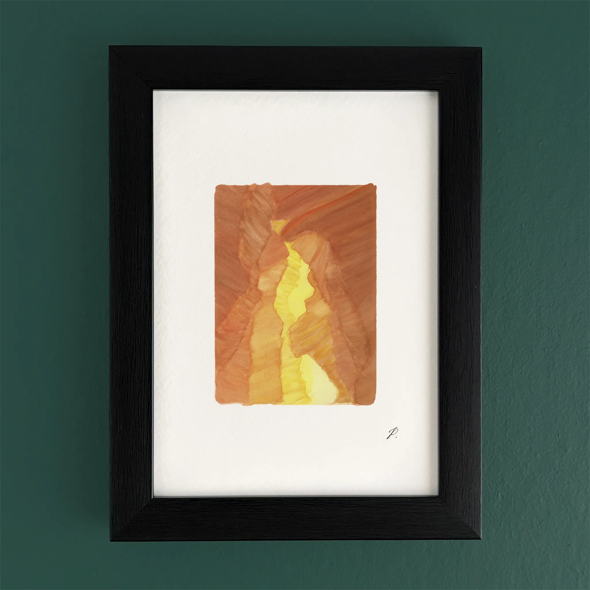 Art fairy magic illustration inside a black frame, with warm orange and yellow figures on white paper