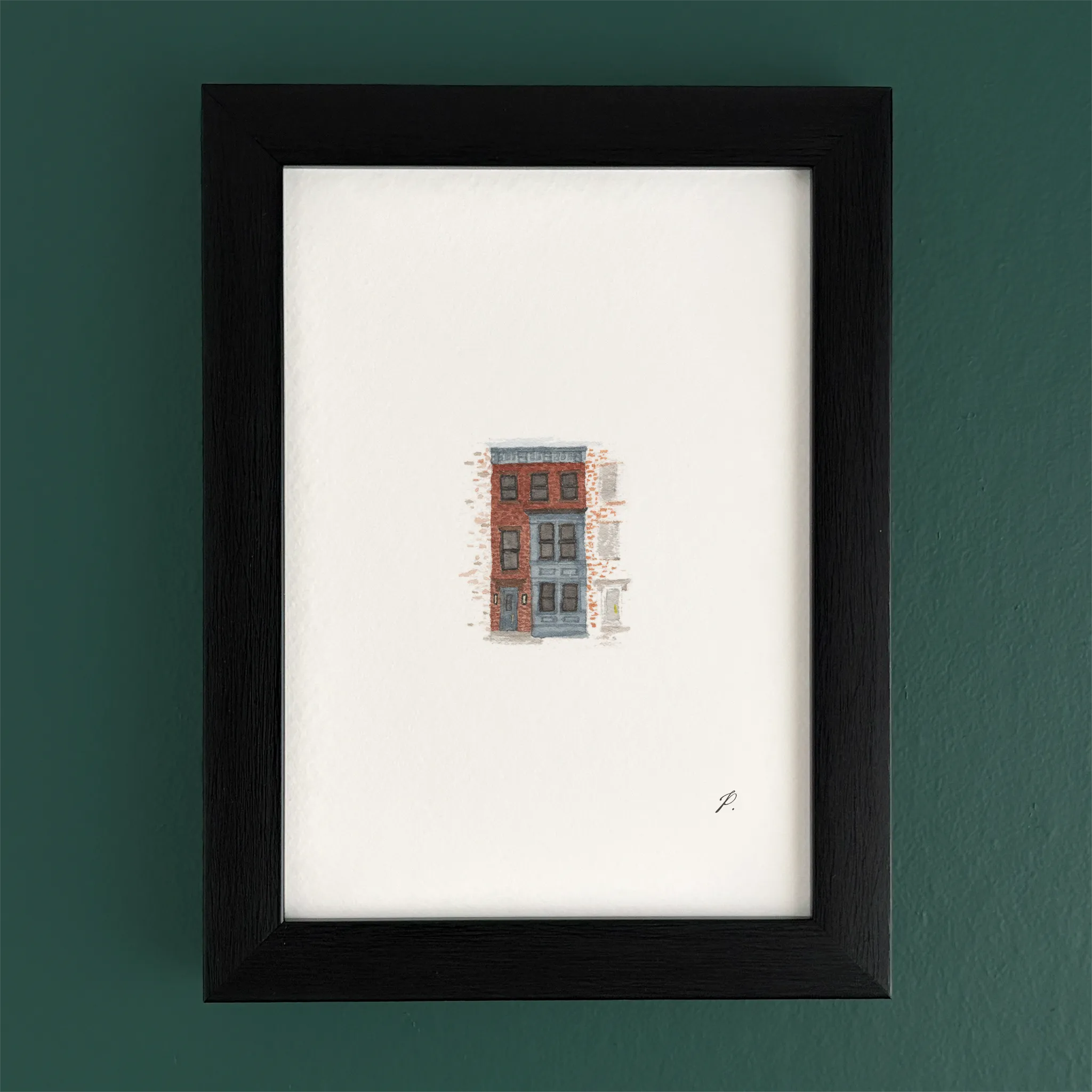 Art fairy magic illustration of a small house with windows, set in a dark wooden frame
