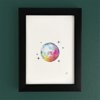 Art fairy magic illustration on a framed print, with a rainbow disco ball and star sparkles