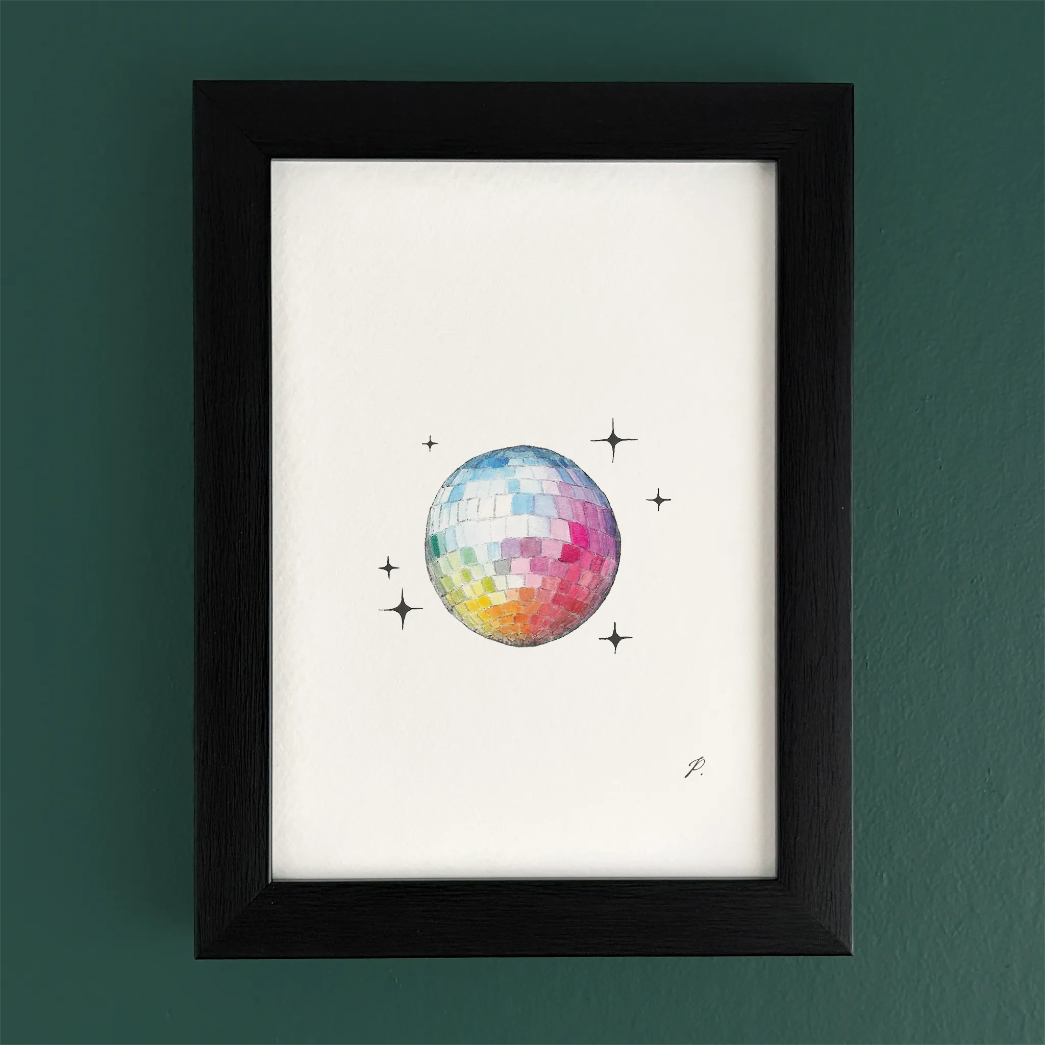 Art fairy magic illustration on a framed print, with a rainbow disco ball and star sparkles