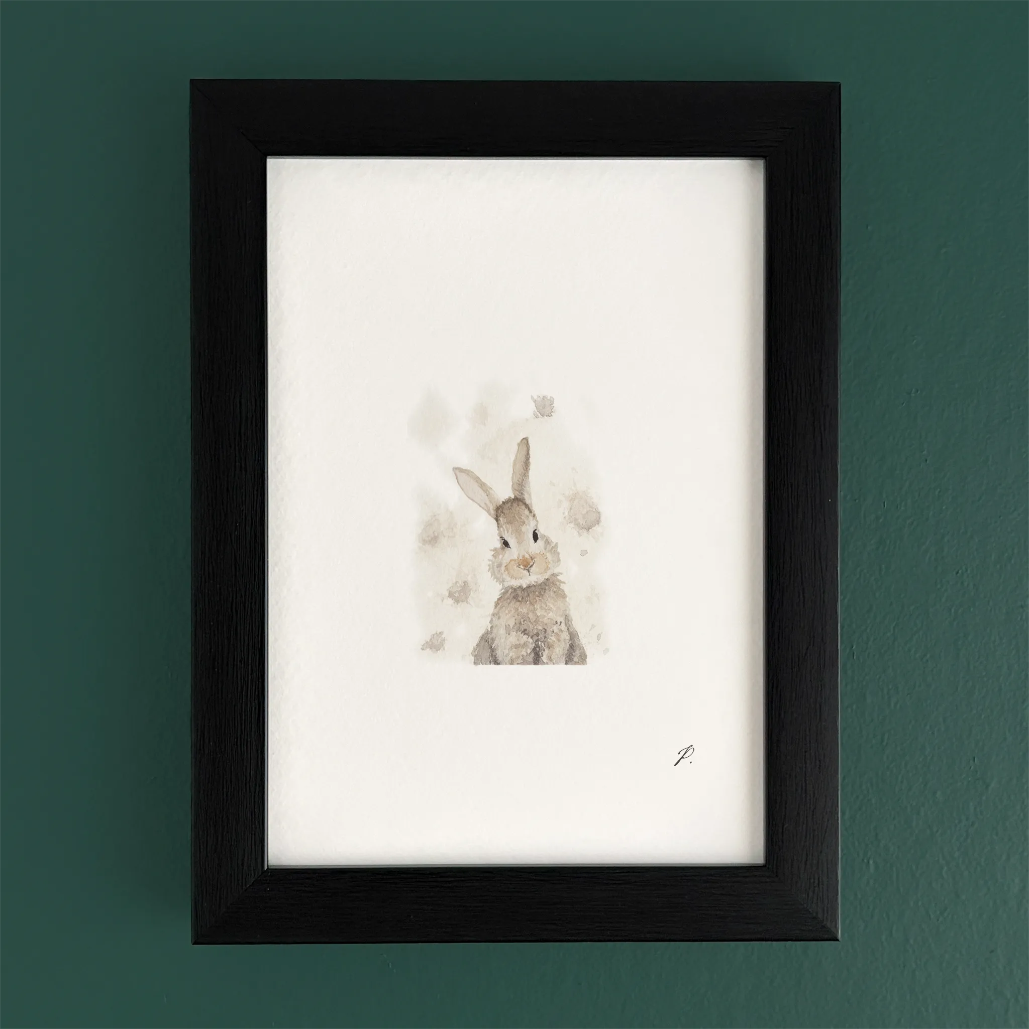 Art fairy magic illustration of a rabbit with small floating shapes inside a dark wooden frame