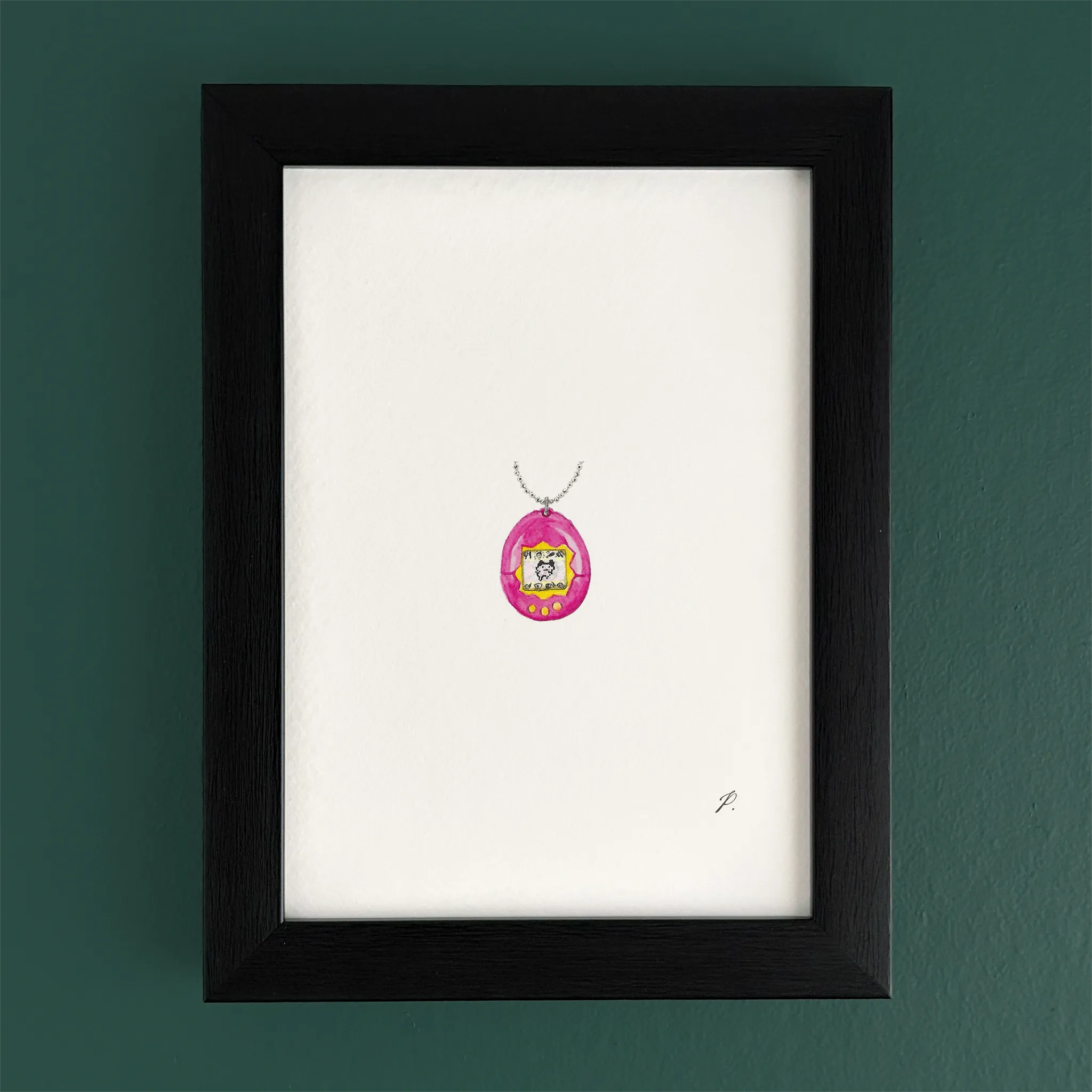 Art fairy magic pendant necklace with a pink teardrop charm and silver chain hanging in a dark frame
