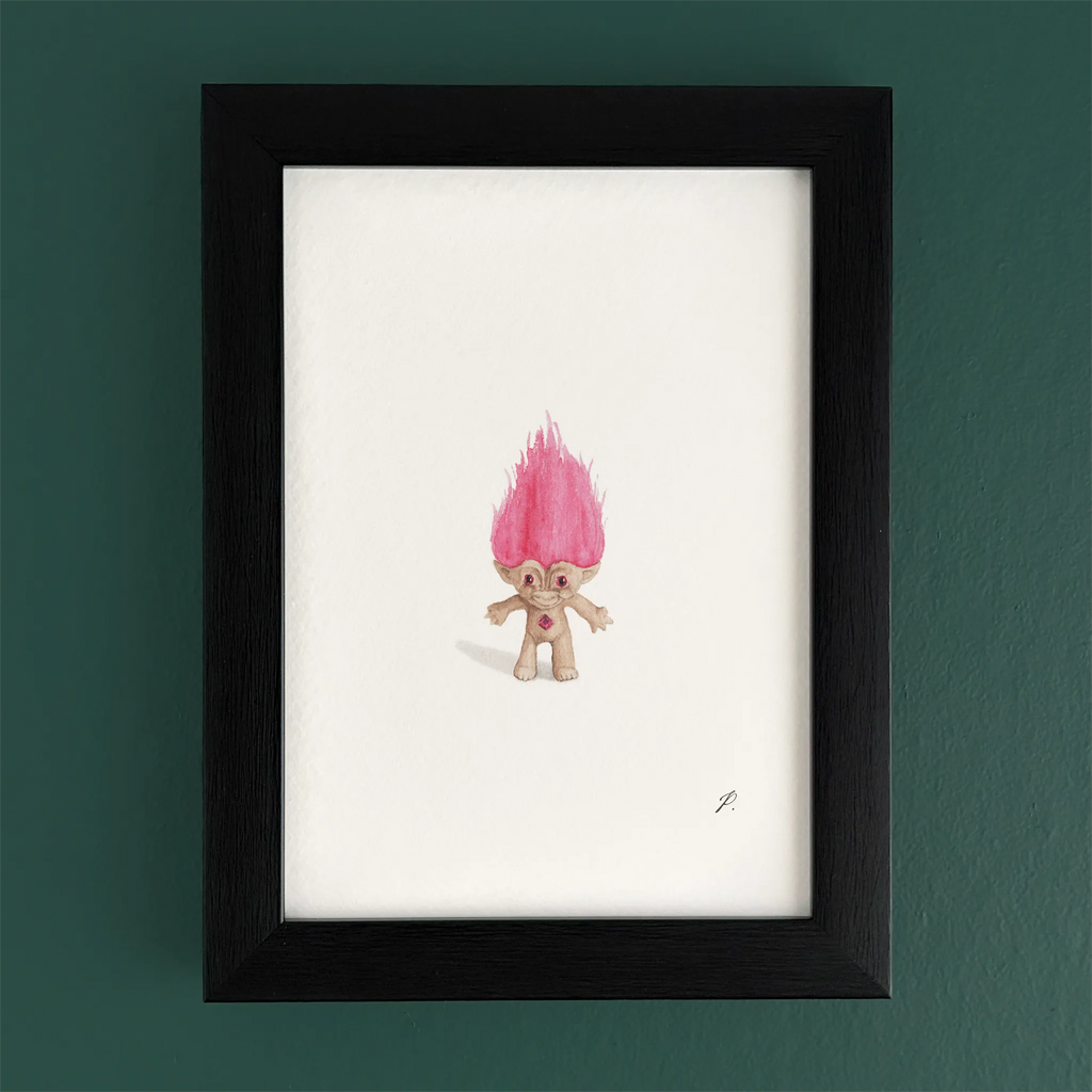 Art fairy magic illustration of a small troll-like character with a pink hair tuft inside a frame