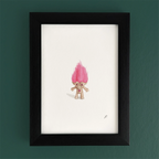 Art fairy magic illustration of a small troll-like character with a pink hair tuft inside a frame