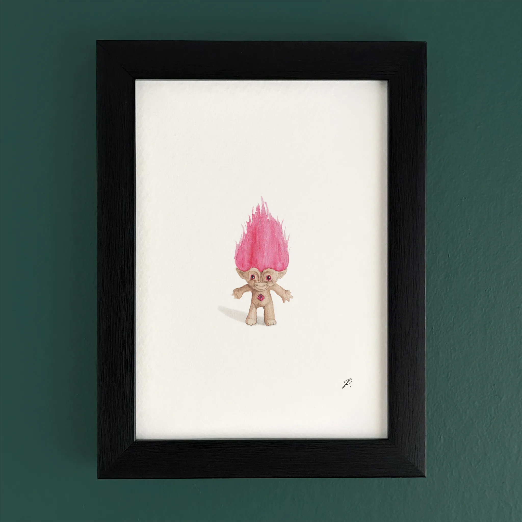 Art fairy magic illustration of a small troll-like character with a pink hair tuft inside a frame